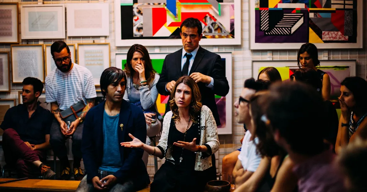 People engaged in conversation at a professional networking event